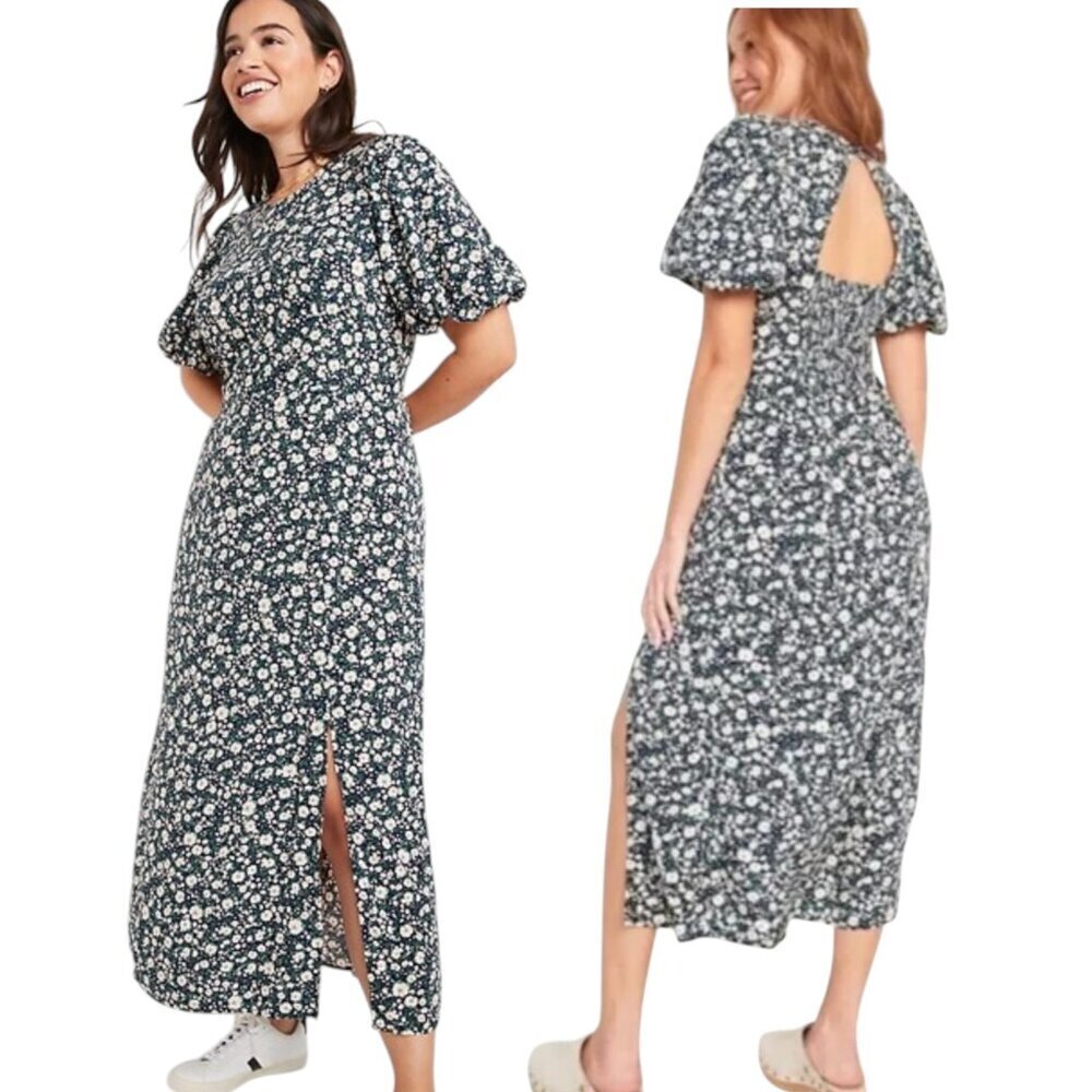 Old Navy Womens Puff Sleeve Midi Dress Size Navy Floral Side Slit Smocked S